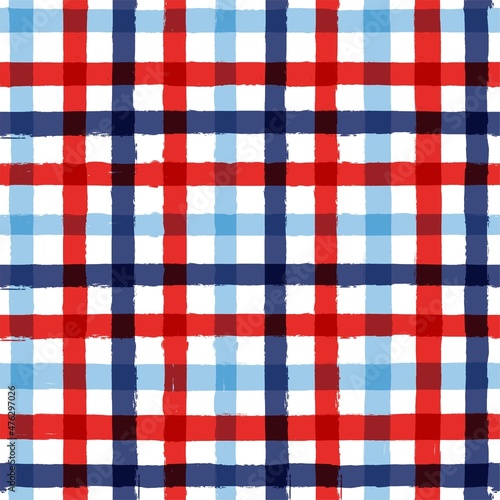 Plaid check patten. Seamless vector tartan texture print. dark navy, blue, red and white watercolor stripes, checkered male graphic background.