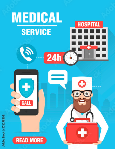 Medical service concept design flat. Medical background with doctor