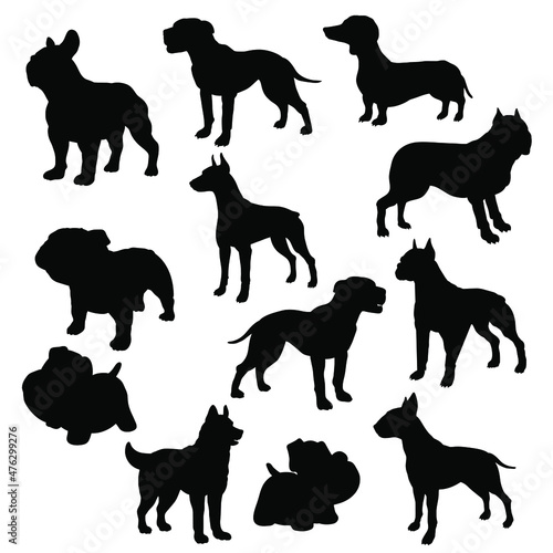 Silhouettes of animals, dogs of different breeds.