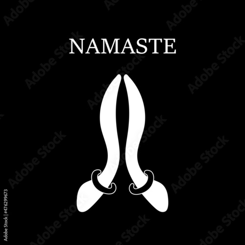 easy to edit vector illustration of an Indian woman greeting the namaste pose. white silhouette of palms on a black background.