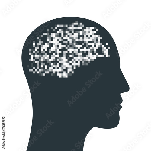 Head with pixel, human digital brain icon. Black and white. Mental disorder in the head.