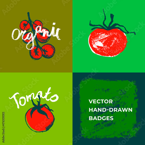 Vector vegan badges. Hand-drawn tomatoes symbols. Organic tomato. Healthy vegetarian food concept. Healthy eating icons for catchup label, packaging Tomato juice, banner natural bio-organic agronomy.