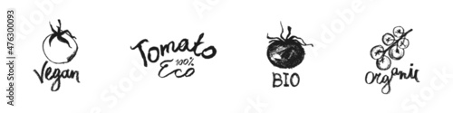 Vector vegan badges. Hand-drawn tomatoes symbols. Organic tomato. Healthy vegetarian food concept. Healthy eating icons for catchup label, packaging Tomato juice, banner natural bio organic agronomy.