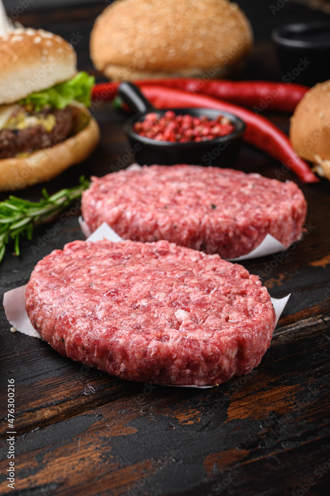 Raw ground beef meat steak cutlets  on wooden table