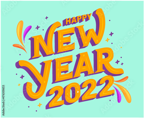 Happy New Year 2022 Design Vector Abstract Holiday Illustration Purple And Yellow With Cyan Background