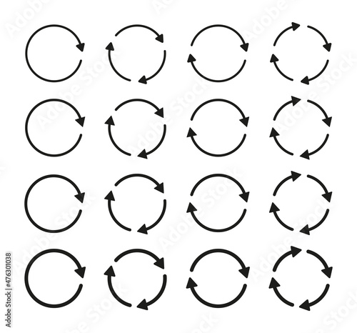 Set of circle arrow vector icons. Recycling icon. Circular vector arrows. Refresh and reload arrow icon. Arrows flat sign. Repeat cycle symbol. Infographic isolated on white background