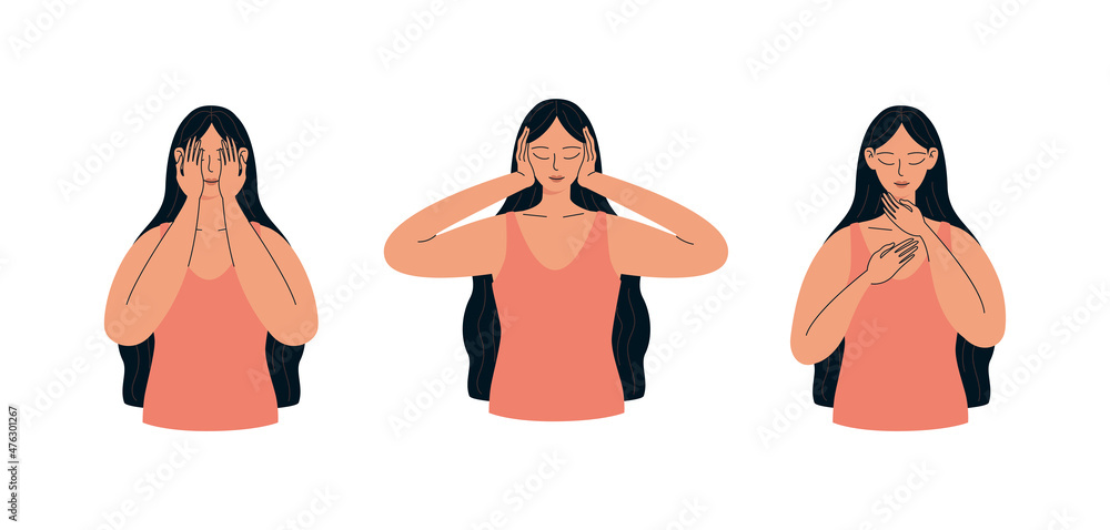Woman self-healing reiki. The woman heals the face, ears, throat with the energy of Reiki. Holistic self-therapy vector illustration isolated on white background. Woman self-healing reiki. The woman heals the face, ears, throat with the energy of Reiki. Holistic self-therapy vector illustration isolated on white background.