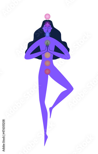 Seven chakras. Free Woman meditates in space. The woman is weightless, hands are joined. Color vector illustration of a girl in harmony with herself and the world.