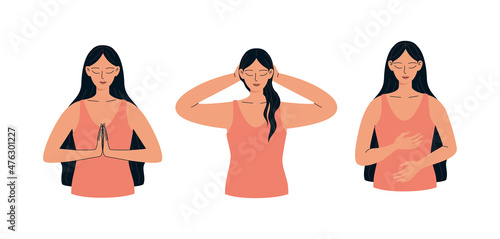 Woman self-healing reiki. A woman heals her body with the energy of Reiki. Holistic self-therapy vector illustration isolated on white background.
