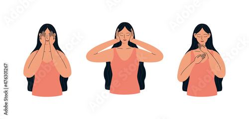 Woman self-healing reiki. The woman heals the face, ears, throat with the energy of Reiki. Holistic self-therapy vector illustration isolated on white background.