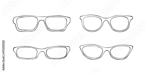 Black sketch fashion eye glasses icon set. Vector doodle cartoon illustration. Frame retro eyeglasses icons. Hand drawn doodle spectacles