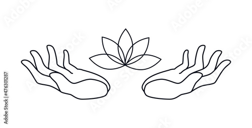 Open upward hands with lotus flower isolated. Hand drawn concept of hands with healing energy. Vector outline illustration.