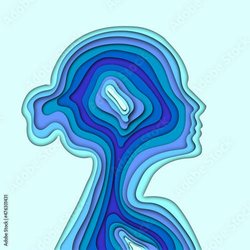 blue multicolored silhouette profile woman head, cut paper effect, layering