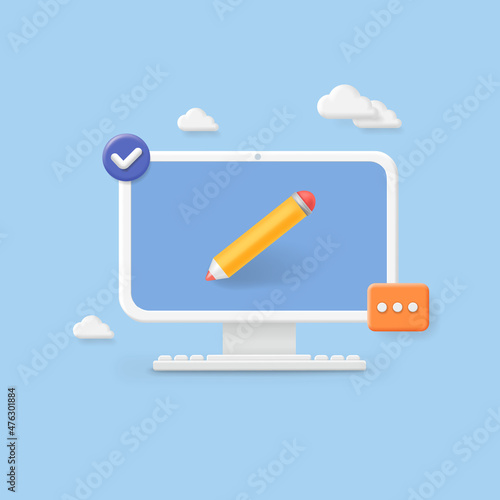 Copywriting, writing icon, creative writing and storytelling,pencil andpc screen, 3d letter vector illustration