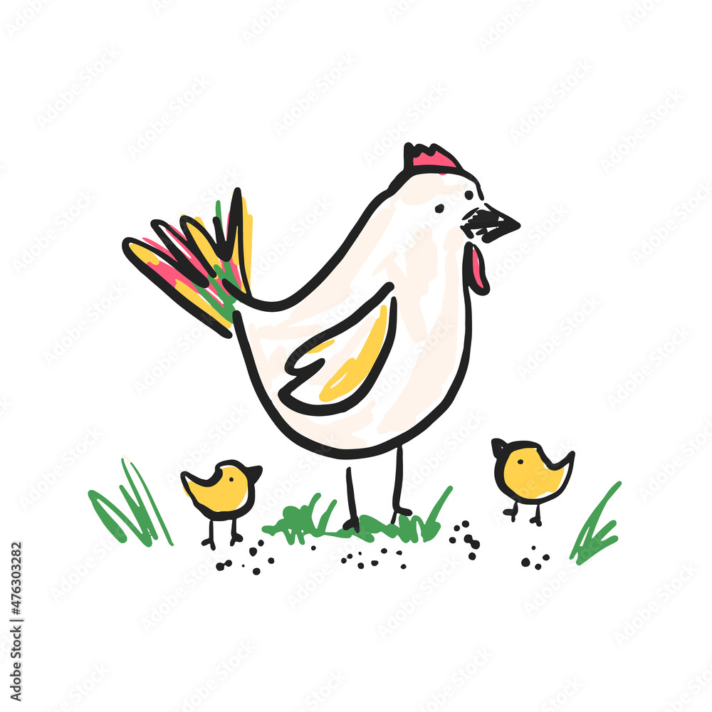 Cute sketch hand drawn color pencil hen with chickens illustration. Bright cartoon summer childish funny farm birds for kids print design, textile decoration, greeting cards, stickers, logo Cute sketch hand drawn color pencil hen with chickens illustration. Bright cartoon summer childish funny farm birds for kids print design, textile decoration, greeting cards, stickers, logo