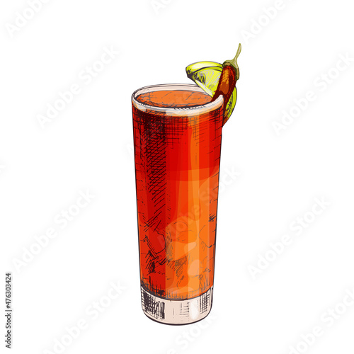 Vampiro pepper cocktai with cherry and slice orange. Vector vintage hatching