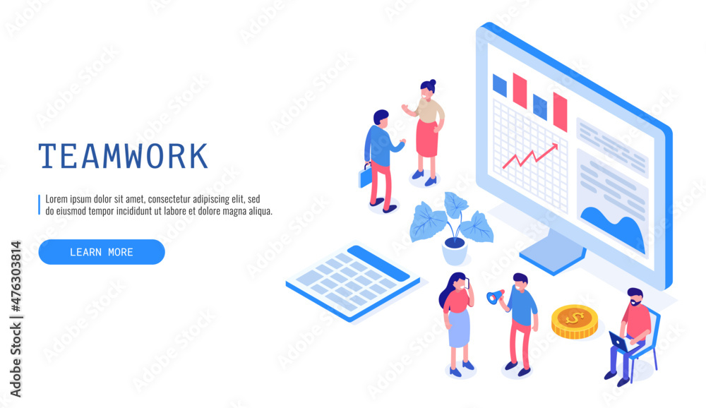 Teamwork concept. People work together on a project. Isometric vector web banner. Teamwork concept. People work together on a project. Isometric vector web banner.