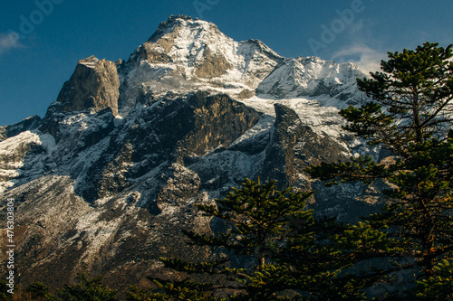 panorama view of Mount Everest massif Nuptse, Lhotse and Ama Dablam from Namche Bazar, Himalayas, Nepal. photo