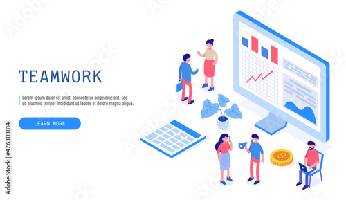 Teamwork concept. People work together on a project. Isometric vector web banner. © Art Alex