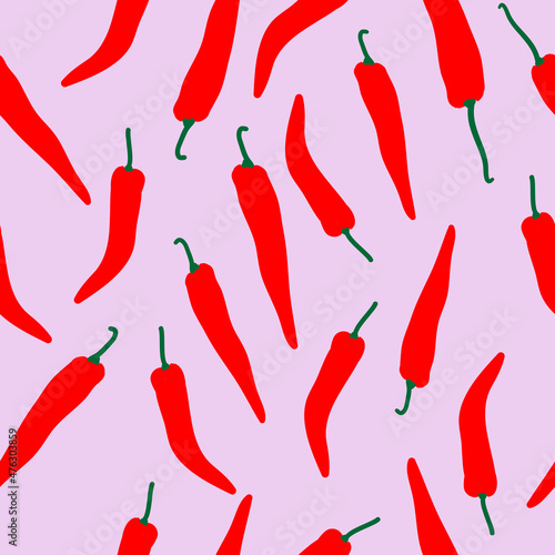 A simple pattern for Chile peppers.  Pink background, and small chili peppers. Fashionable print for textiles, wallpaper and packaging.