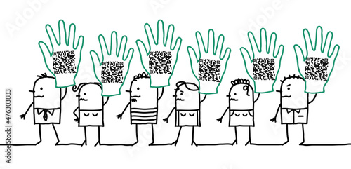 Cartoon People showing QR code in their raised Hands