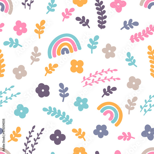 Cute floral seamless pattern with hand drawn elements. Rainbow, flowers. Scandinavian style