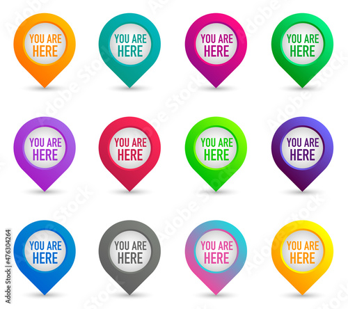 Are you here with map pointer. Vector illustration. Color location map pin collection.