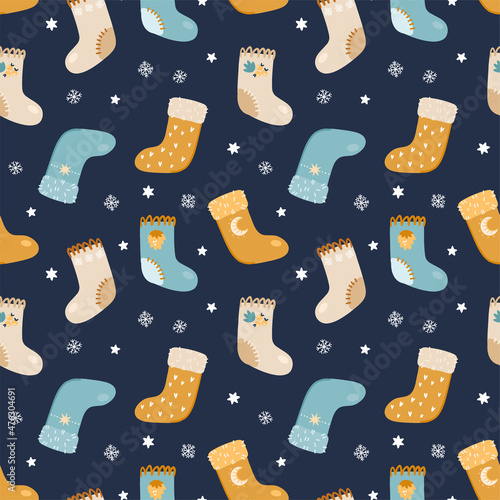 Illustration of a seamless pattern from Christmas socks. Santa socks with different designs.