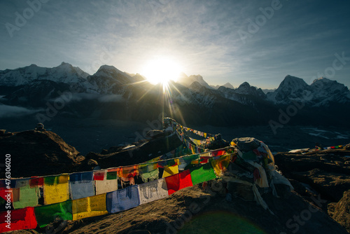 Fire on Everest. Everest mountain on sunrise, view from Gokyo Ri peak. Himalayas, Nepal photo