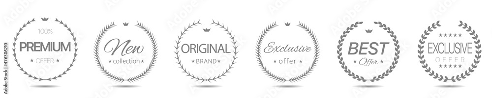 Premium offer grey laurel wreath label set Premium offer grey laurel wreath label set
