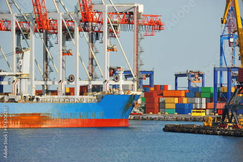Port cargo crane, ship and container photo