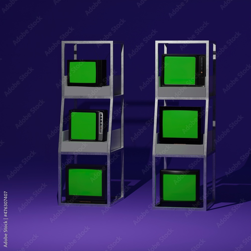 old retro television green screen,.set of old broken television with green screen instead of screen stacks in metal shelves and abrevne background 3d illustration old retro television green screen,.set of old broken television with green screen instead of screen stacks in metal shelves and abrevne background 3d illustration