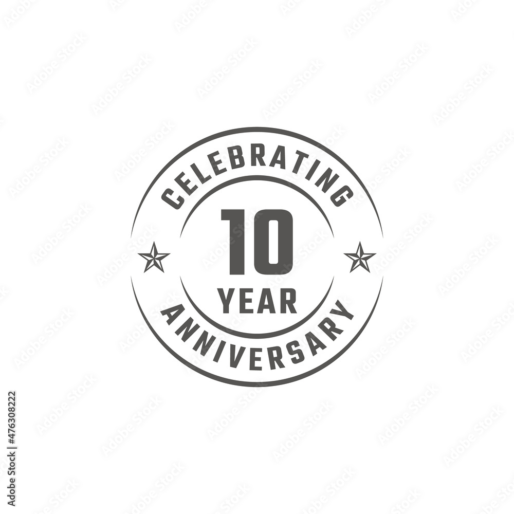 10 Year Anniversary Celebration Emblem Badge with Gray Color for Celebration Event, Wedding, Greeting card, and Invitation Isolated on White Background 10 Year Anniversary Celebration Emblem Badge with Gray Color for Celebration Event, Wedding, Greeting card, and Invitation Isolated on White Background