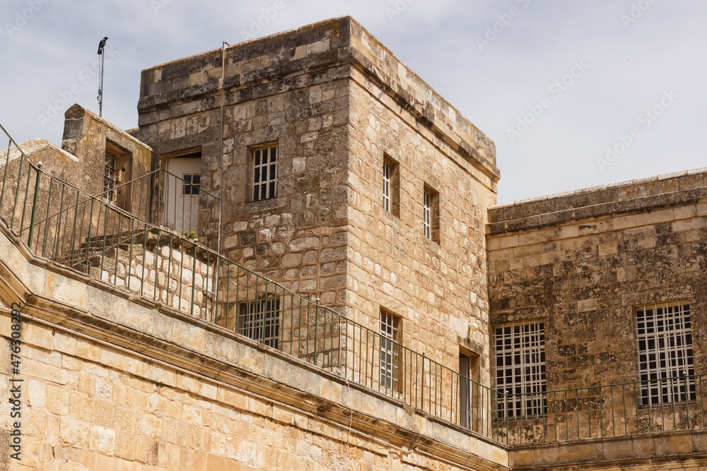 Courtyard with barred windows inside the Monastery of the Cross in Jerusalem