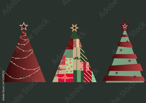 Merry Christmas modern Christmas trees set vector in burgundy red and green colours
