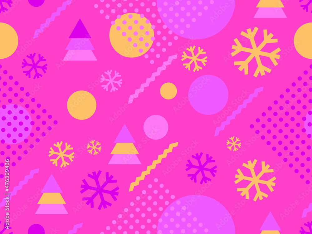 Christmas seamless pattern with geometric shapes in the style of the 80s. Christmas balls and trees with triangles, snowflakes for brochures, banners and wrapping paper. Vector illustration