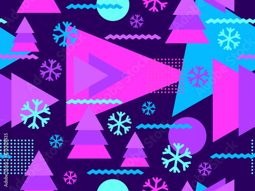 Christmas seamless pattern with geometric shapes in the style of the 80s. Christmas balls and trees with triangles, snowflakes for brochures, banners and wrapping paper. Vector illustration