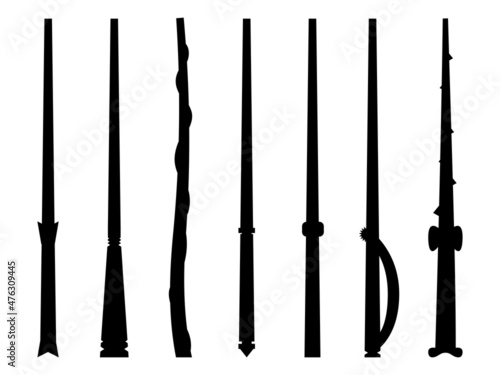 Black outlines of magic wands isolated on white background. Magic wands icons set. Tool of the wizard and the sorcerer. Magic items. Vector illustration