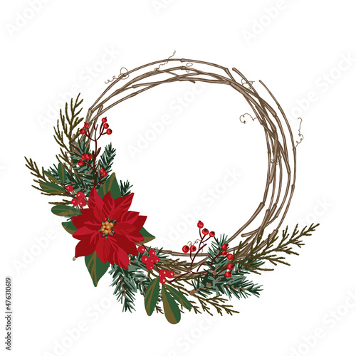 A wreath of vines, thuja, poinsettia, Christmas tree, winter berries. Christmas theme.