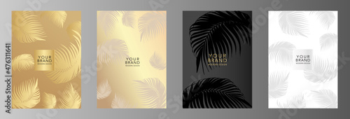 Tropical cover design set with palm branch and golden leaf on background. Holiday black and gold exotic pattern for vector business, sale, wedding card, luxury menu template, summer holiday poster.