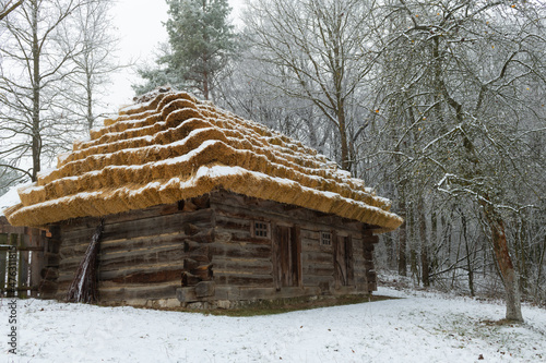 An old cabin near the forest. Open-air museum in Tokarnia, Poland.