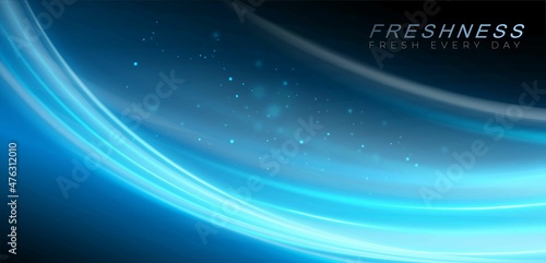 Blue dynamic energy curves. Stream of fresh menthol aroma waves. Fresh perfume odor. Packaging design. Vector illustration.