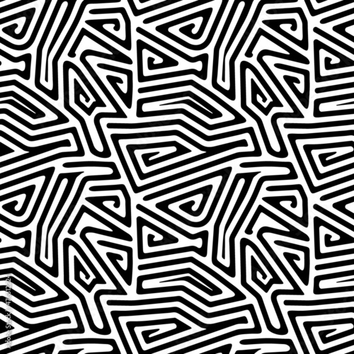 Tribal motif. Seamless pattern. Folk wallpaper. Indigenous ornament. Linear backdrop. Embroidery background. Ethnic mosaic. Digital paper. Textile print. Aboriginal design. Vector art.