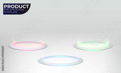 Abstract hi-tech background for display product with neon glowing rings on floor. Product comparison laboratory. Round pedestal podium on black background. Futuristic product stand template.