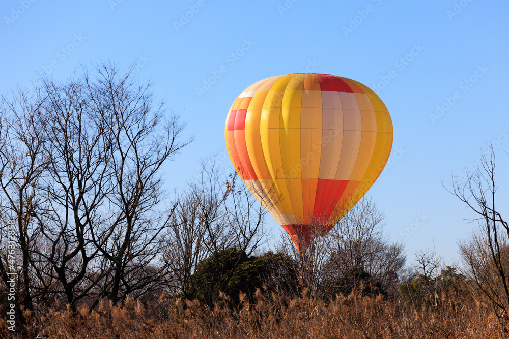 草原から飛び立つ黄色い熱気球