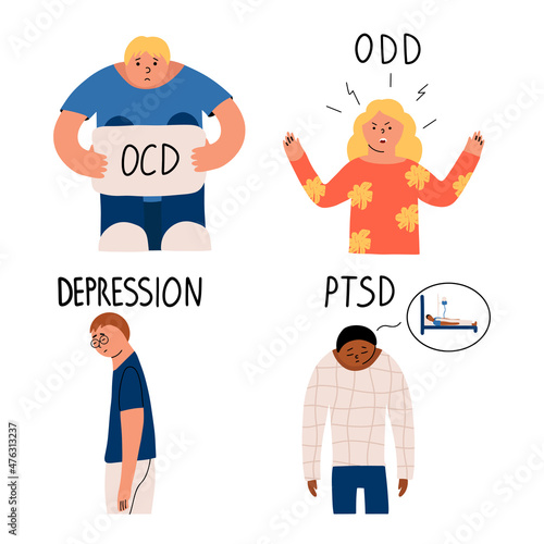 Children with different mental health problems. Depression, obsessive-compulsive disorder, Oppositional defiant disorder, Post-traumatic stress disorder. Vector illustration of hand drawing style