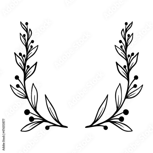 Round decorative frame with botanical elements  leaves and berries. Stylized vector graphics.