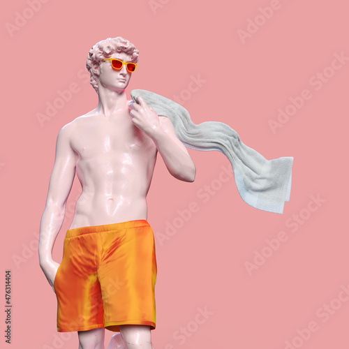 Statue of David by Michelangelo with sunglasses and towel, pink blackground. 3D rendering photo