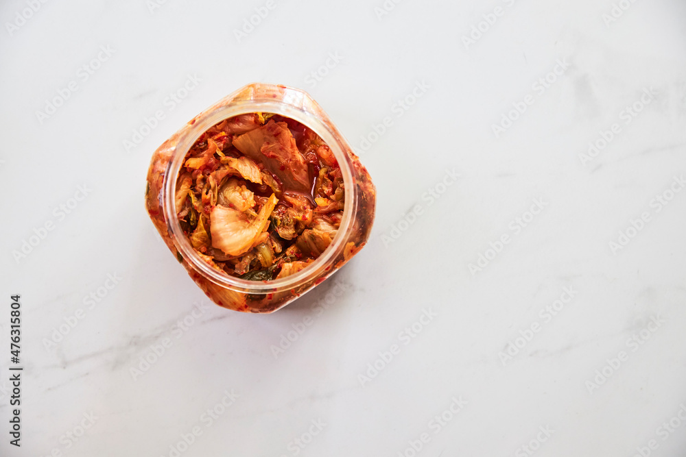 Top view of kimchi served in a glass bowl Top view of kimchi served in a glass bowl