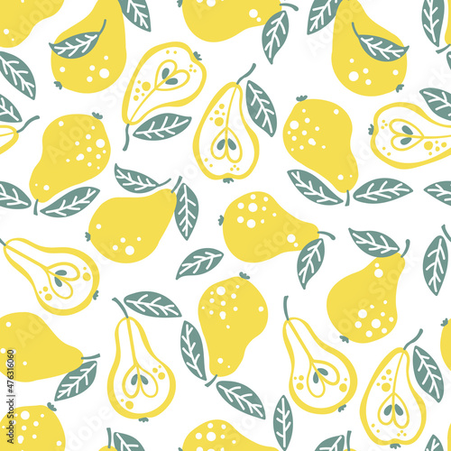 Vector seamless pattern with pears on a white background. Summer illustration in a flat style. Stylization of pears. Ripe fruits are whole and cut in half. Design of clothing, interior, souvenirs